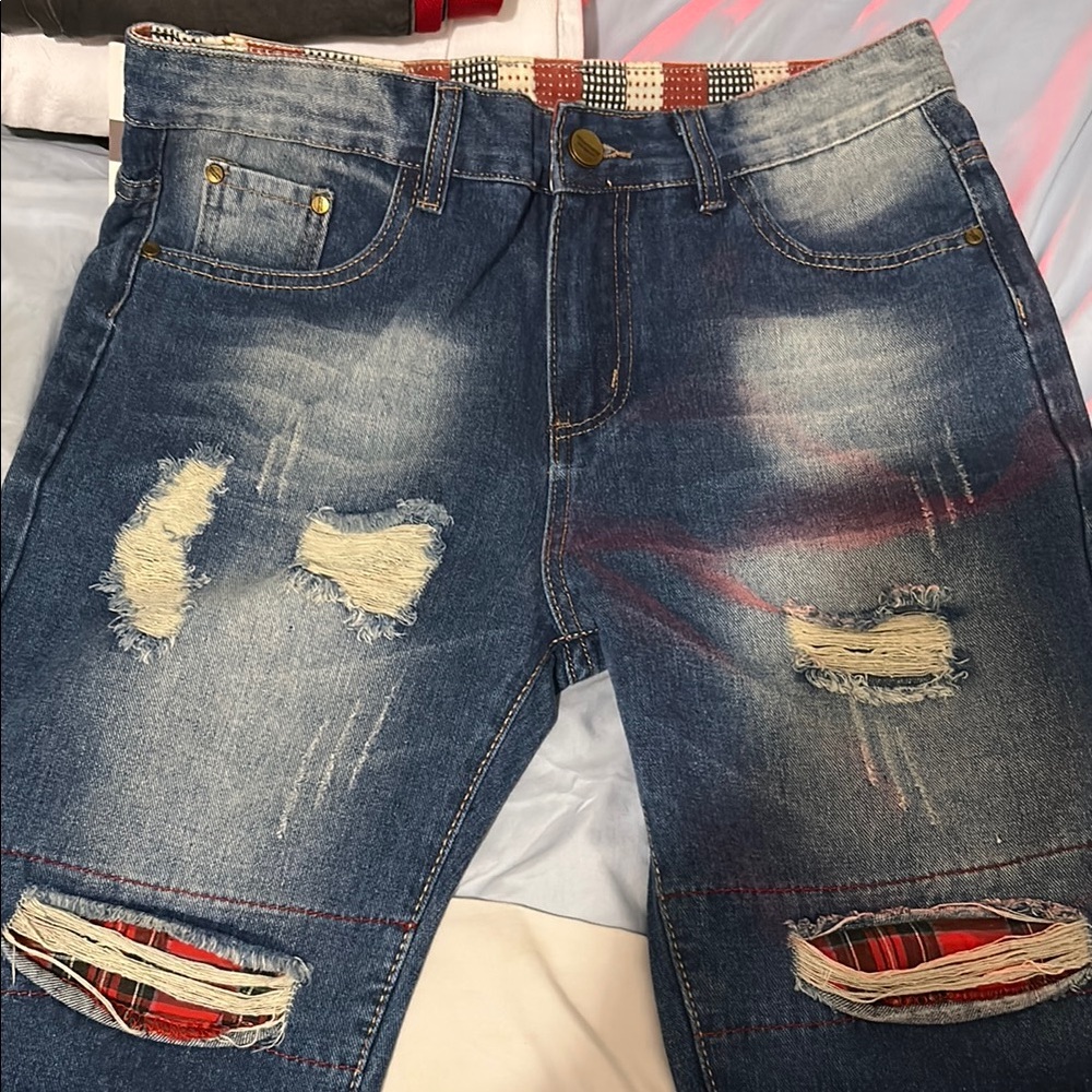 Zara Blue and Red Jean Shorts Distressed Design
